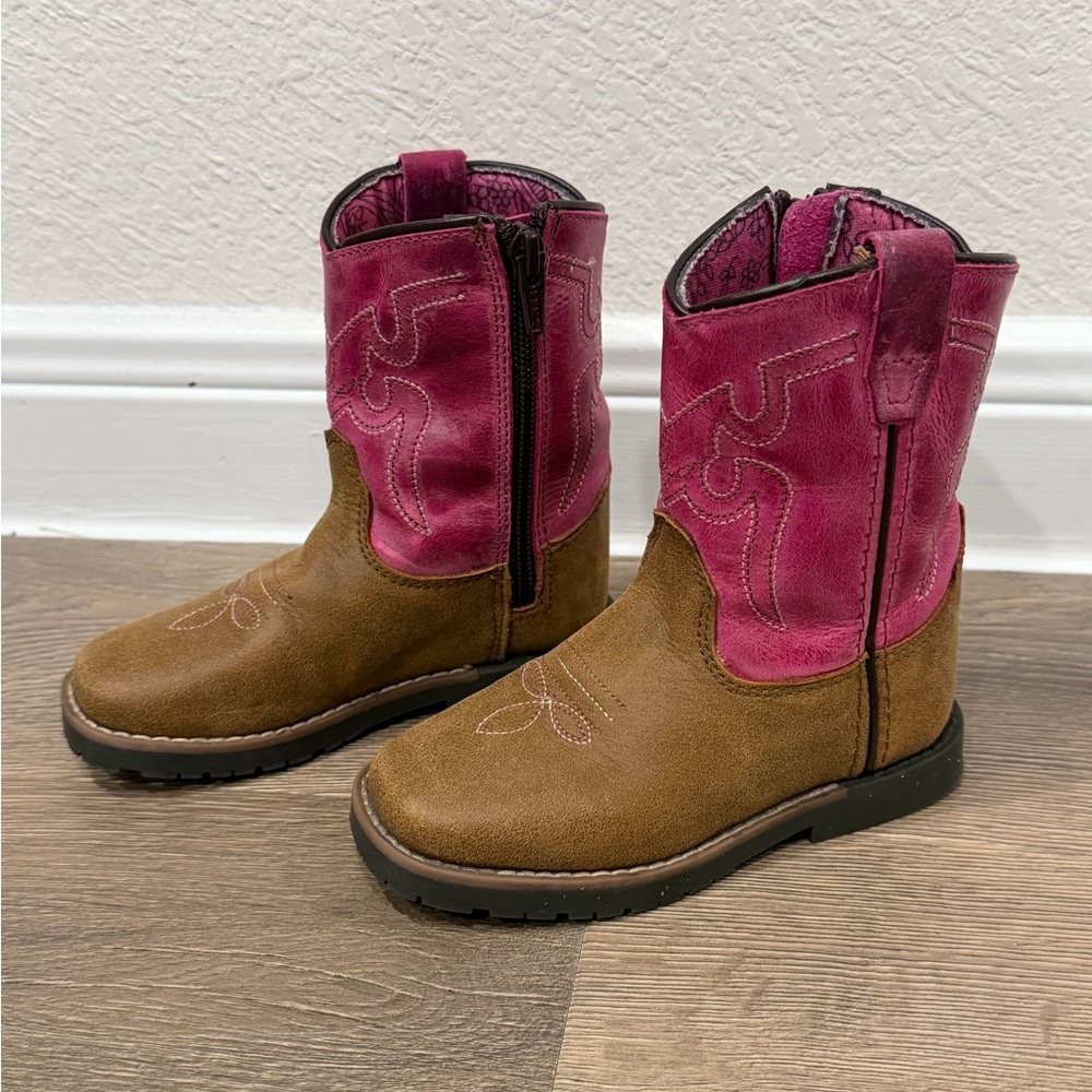 Shyanne Toddler Girls Western Leather Cowgirl Zip Up Boots Pink Brown Tan
